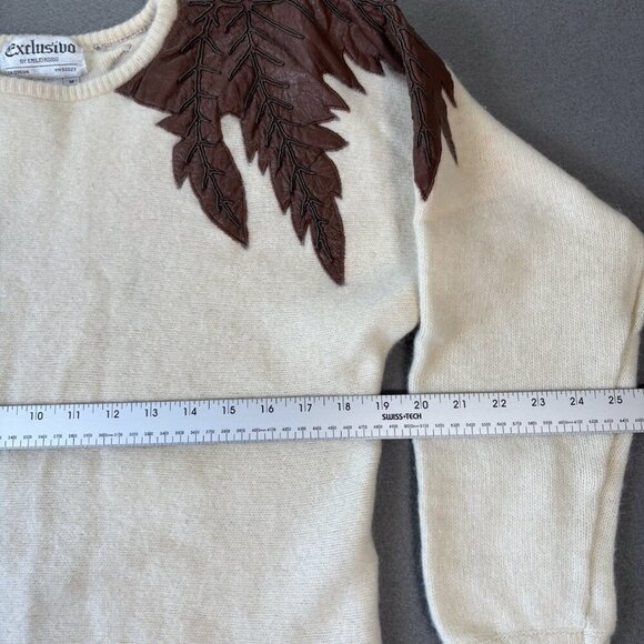 Vintage Emilio Rossi Lambswool Angora Sweater White Knitted Brown Leafs Sz M - Picture 2 of 13